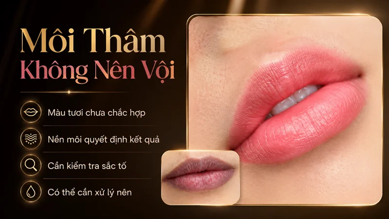 Môi thâm cứ phun màu tươi là được — rủi ro nằm ở nền môi